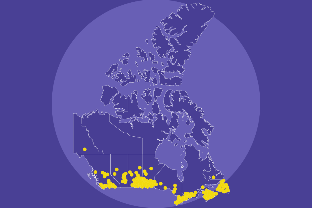 A map of Canada with yellow circles showing invited Care Forward teams.