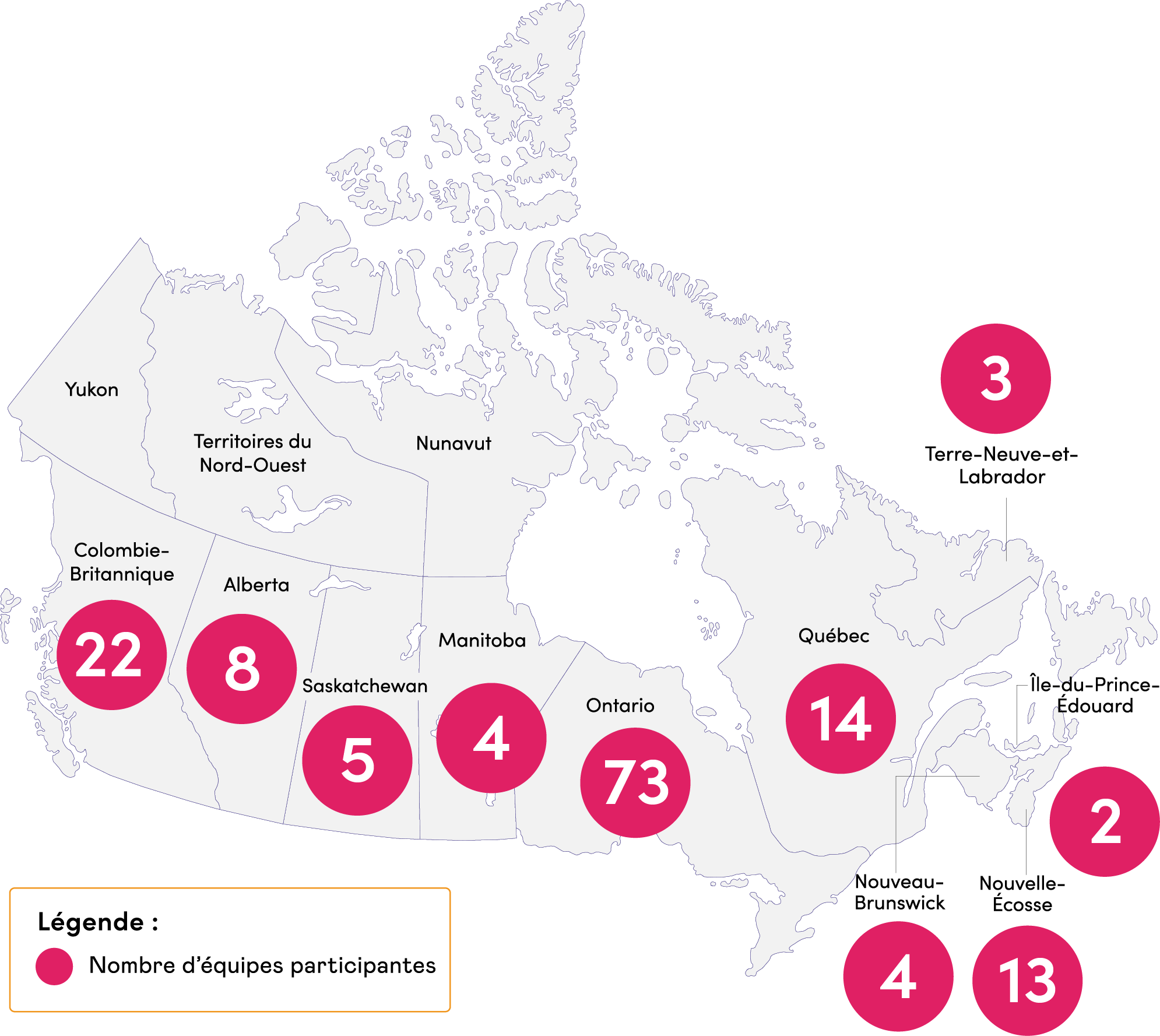 Carte du Canada représentant le nombre d'équipes participantes au Défi Innovation : Personnel de santé