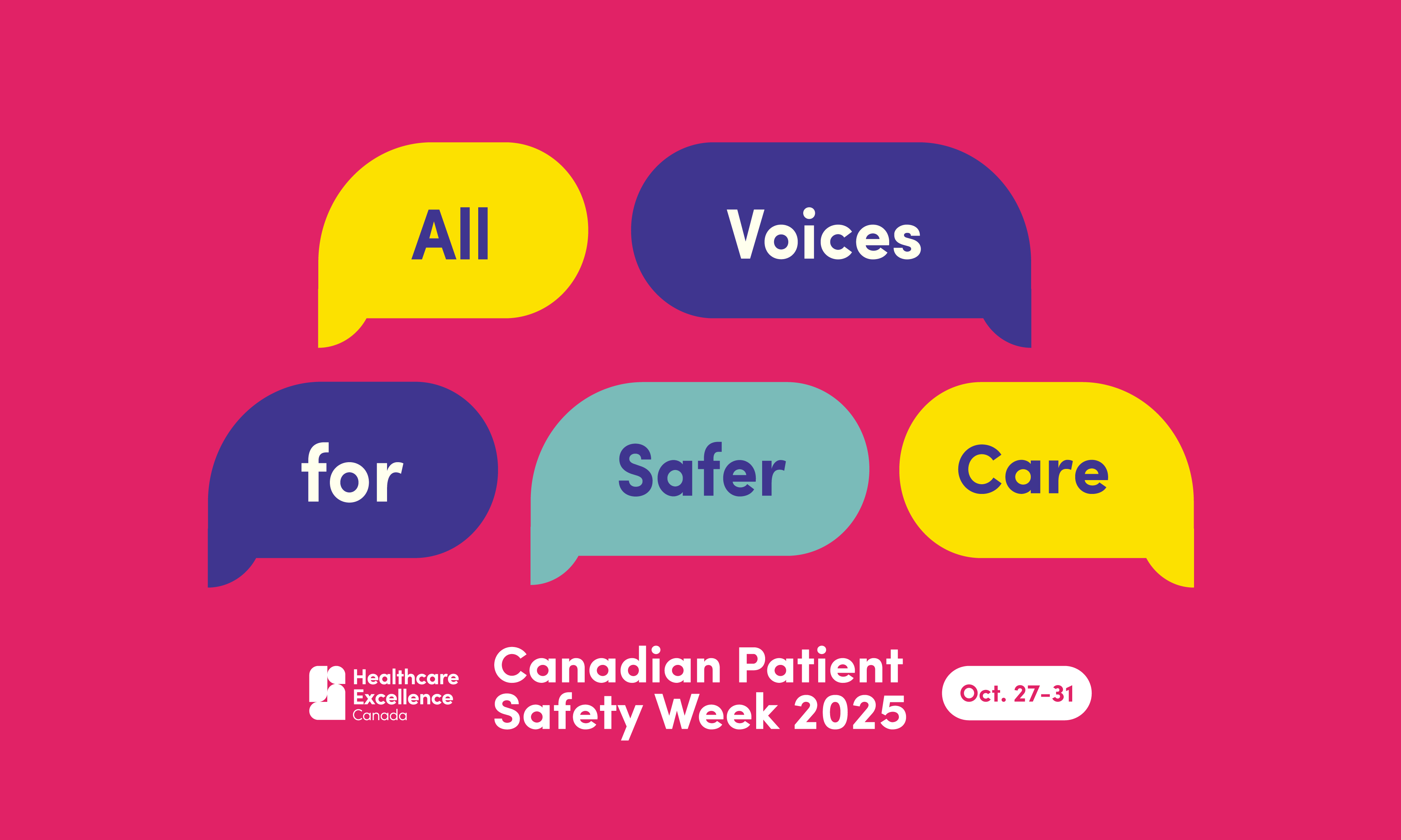 Illustrated speech bubbles in various colours. Text says: "All Voices for Safer Care. Canadian Patient Safety Week 2025. Oct 27-31."