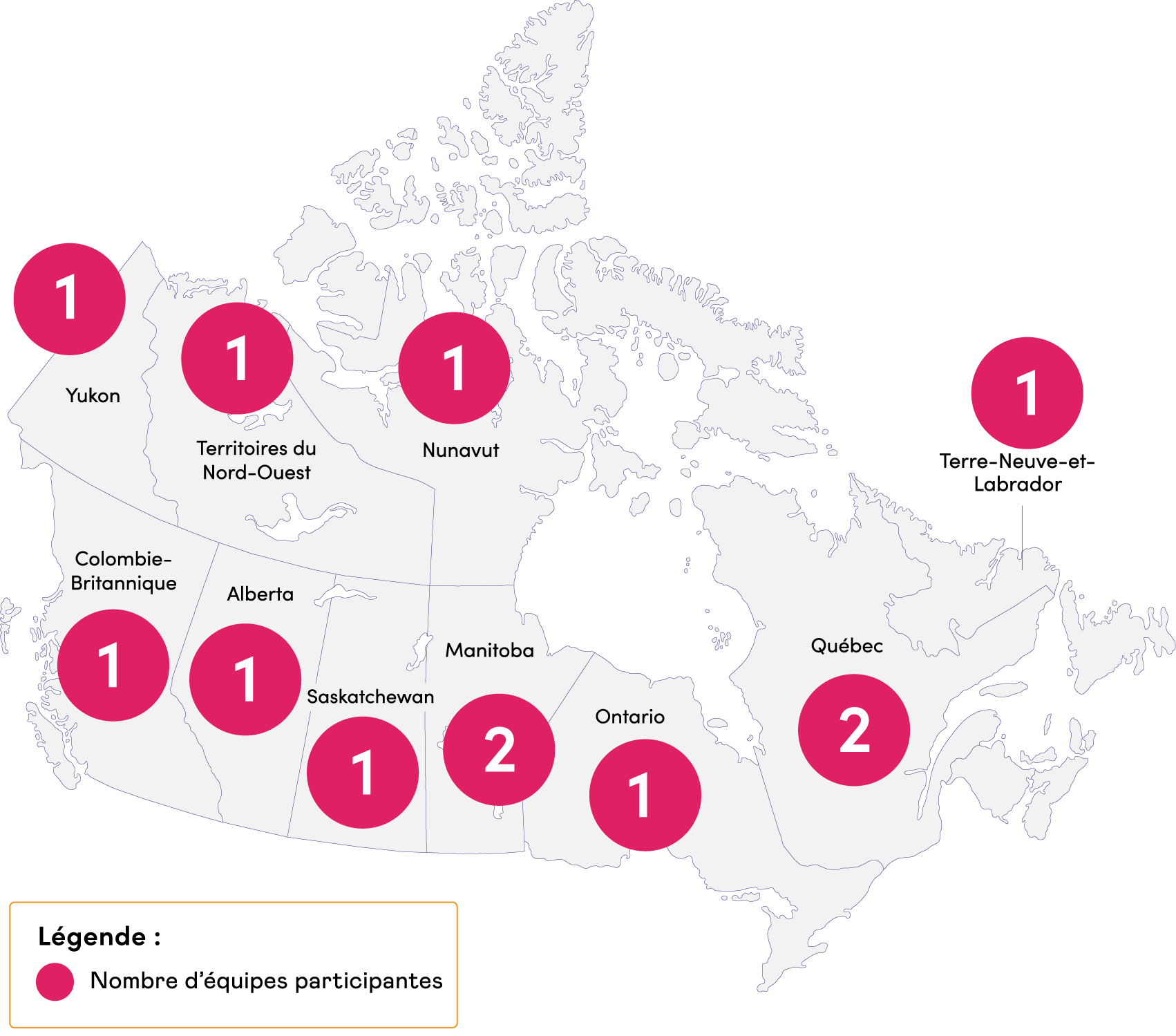 •	Carte du Canada représentant les équipes invitées à participer au projet collaboratif de conception sur la sécurité culturelle d’Excellence en santé Canada.