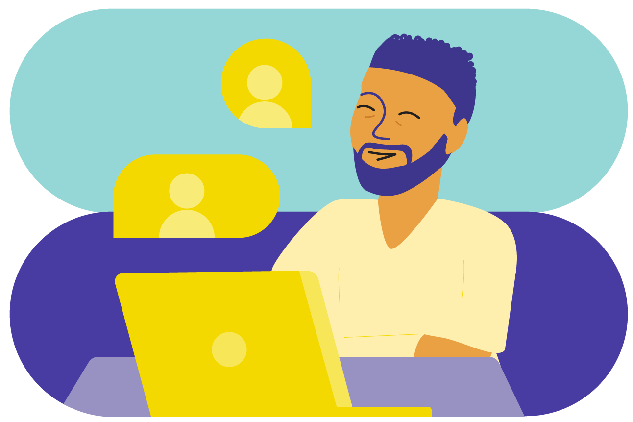 Illustration représentant une personne assise devant un ordinateur. Deux bulles dans lesquelles se trouvent une silhouette symbolisent le dialogue ou l’échange d’idées.