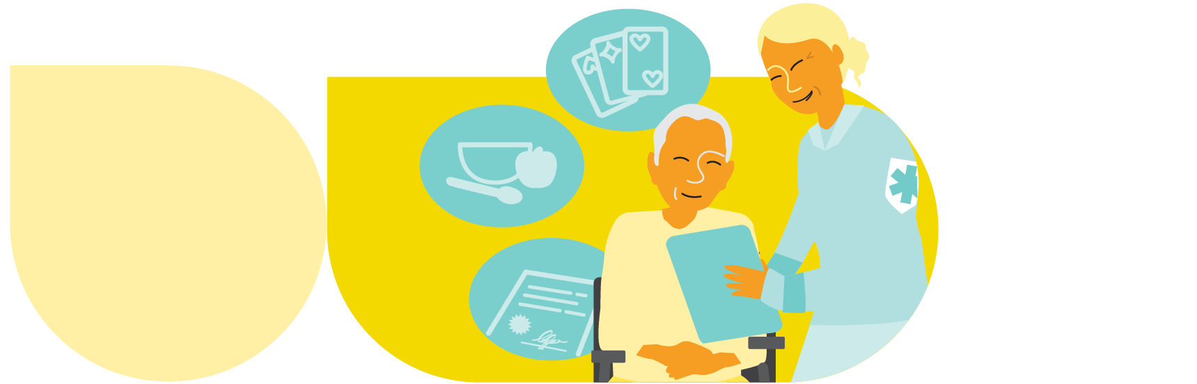Illustration représentant une prestataire de soins qui montre une tablette à une personne assise. Sur la gauche figurent trois bulles contenant respectivement des cartes à jouer, de la nourriture et de la documentation, pour symboliser les ressources et le soutien.