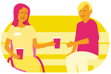 Illustration of a smiling individual with a nametag on their shirt sitting in a wheelchair holding a drinking cup in one hand while handing a coffee to another individual sitting on the park bench.