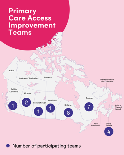Map of Canada with purple bubbles indicating the number of participating teams by province/territory. The largest bubbles are in Ontario, Quebec and Nova Scotia.