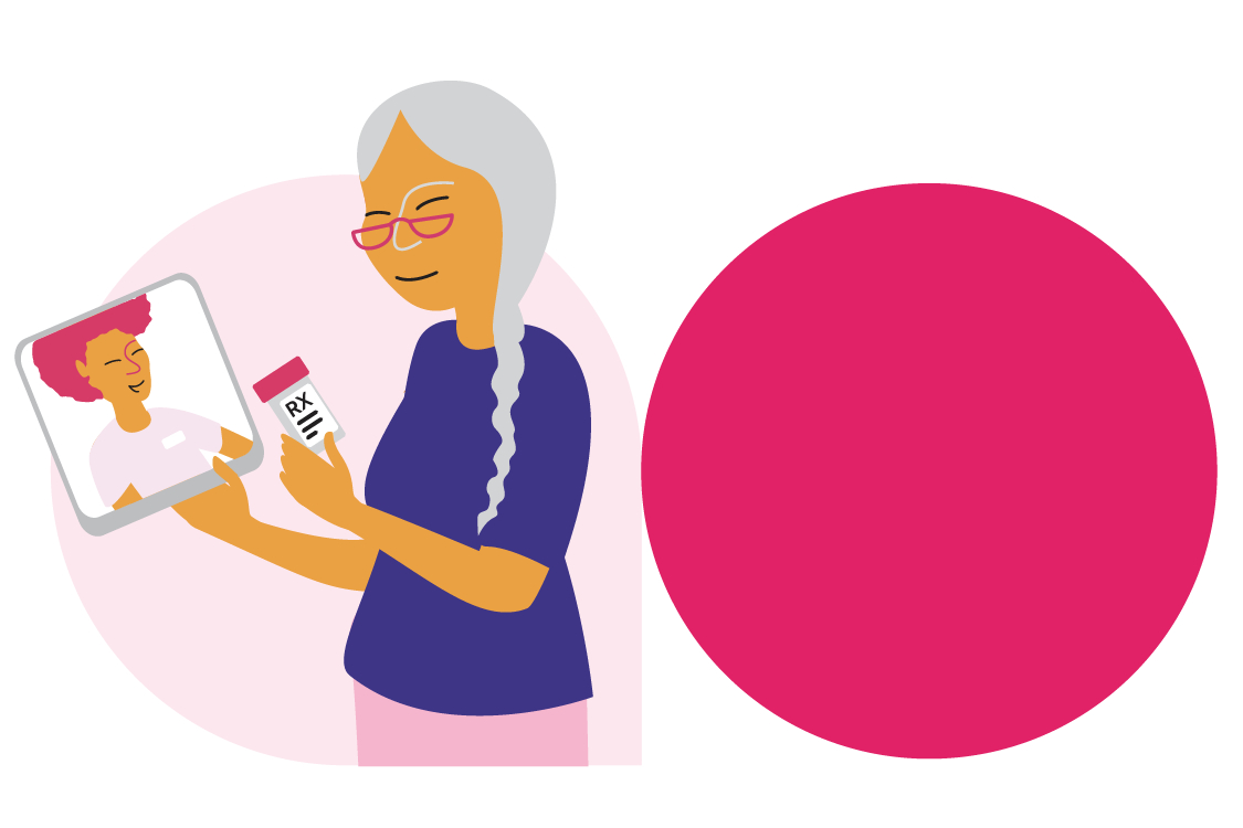 Illustration représentant une personne tenant un flacon de médicaments dans une main et une tablette dans l’autre. Elle est en train de consulter virtuellement un prestataire de soins.