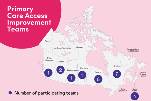 Map of Canada with purple bubbles indicating the number of participating teams by province/territory. The largest bubbles are in Ontario, Quebec and Nova Scotia.