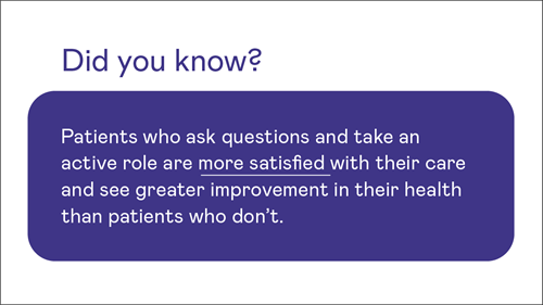 Did you know? Patients who ask questions and take an active role are more satisfied with their care and see greater improvement in their health than patients who don’t.