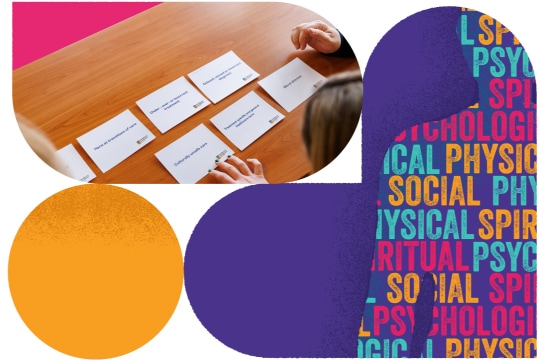 A collage of shapes is shown, in one the outline of a human body filled in with the repeated words physical, psychological, social and spiritual and in another, an image of cards on a table