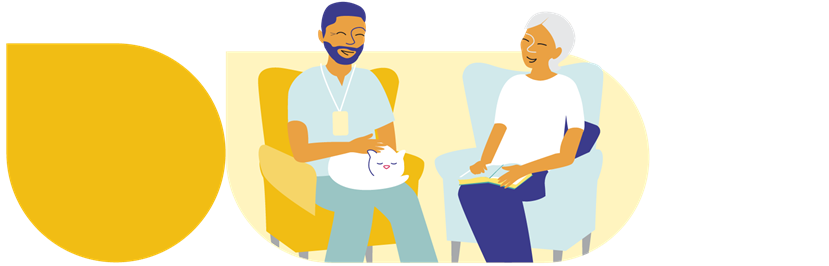 Illustration of two individuals seated on chairs facing each other; a healthcare provider has a white cat on their lap and the other individual has a opened book on their lap.