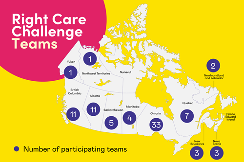 A map of Canada with purple circles showing invited Right Care Challenge teams. Text: Right Care Challenge. Number of participating teams.