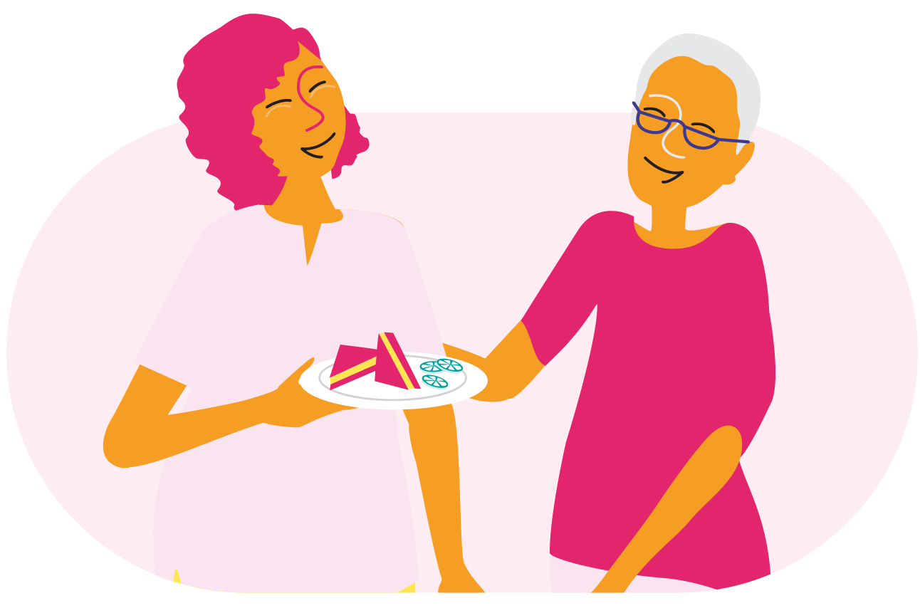 Illustration représentant deux personnes debout l’une à côté de l’autre; l’une tient une assiette avec de la nourriture.
