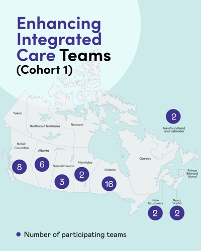 A map of Canada with purple circles showing invited Enhancing Integrated Care (Cohort 1) teams. Text: Enhancing Integrated Care Teams (Cohort 1). Number of participating teams.