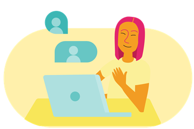 Illustration d’une personne souriante assise à un bureau devant un ordinateur.