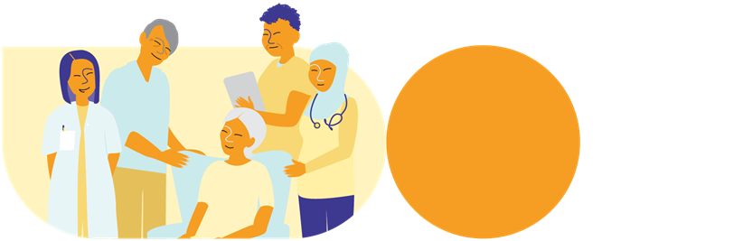 Illustration of four healthcare providers standing around an individual seated in a chair.
