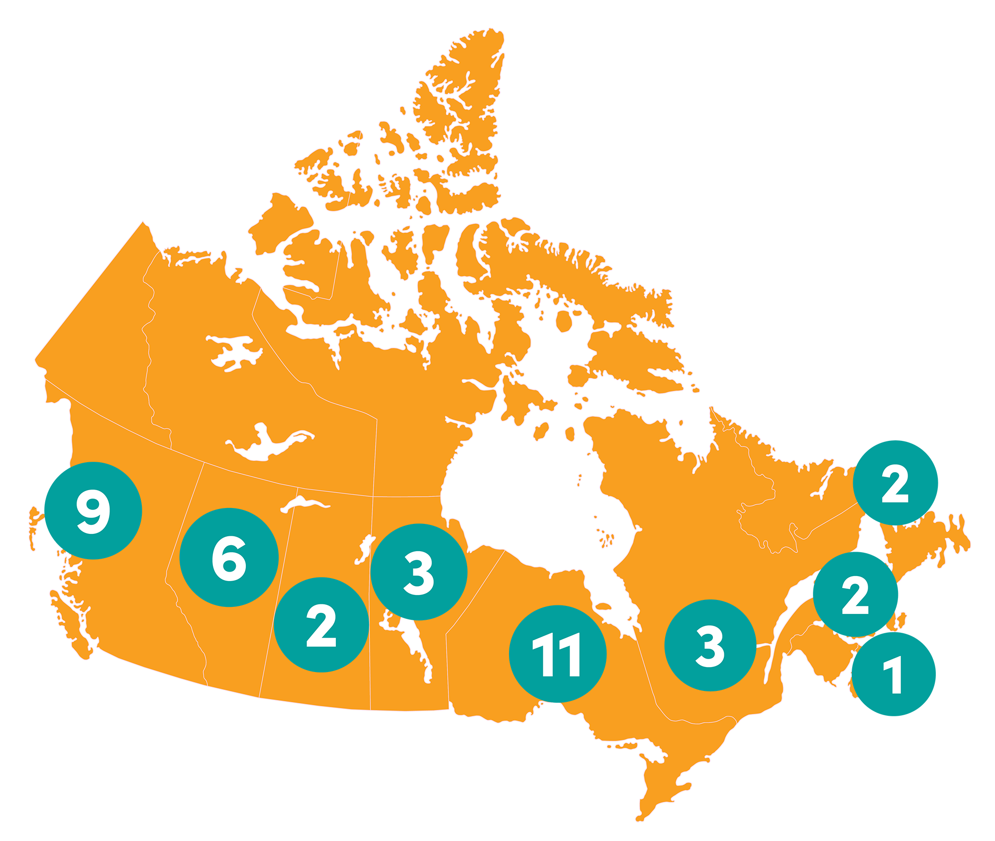 Map of Canada showing 10 teams in British Columbia, seven teams in Alberta, two teams in Saskatchewan, three teams in Manitoba, 11 teams in Ontario, three teams in Quebec, one team in Nova Scotia, two teams in Prince Edward Island and two teams in Newfoundland and Labrador.