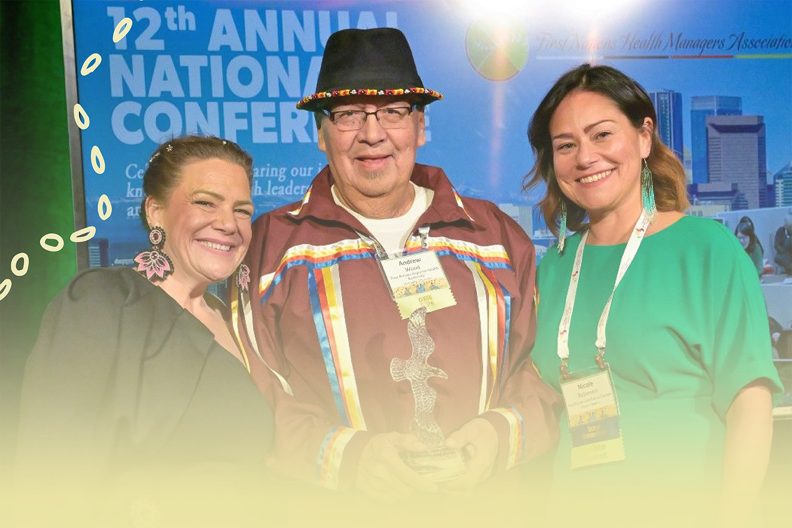 Photo of Marion Crowe, First Nations Health Managers Association CEO, with Andrew Wood, winner of the Excellence in Health Leadership award, and Nicole Robinson, HEC’s Director of Northern and Indigenous Health.
