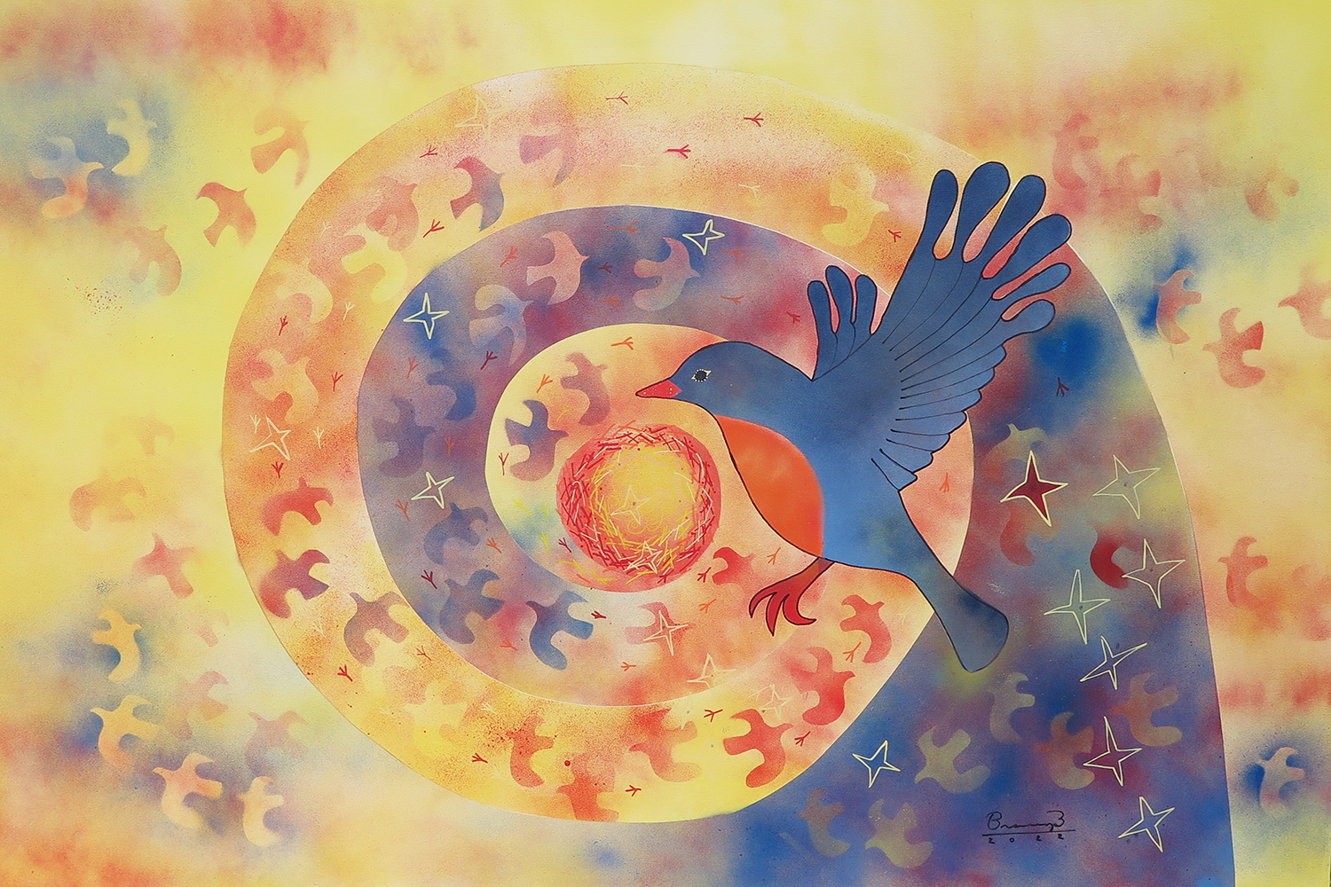 Peinture représentant un nid de rouge-gorge et un rouge-gorge aux ailes déployées, entouré d'une spirale jaune, orange, rouge et bleu.