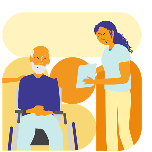 Illustration of a standing individual showing a tablet to an individual seated in a wheelchair.