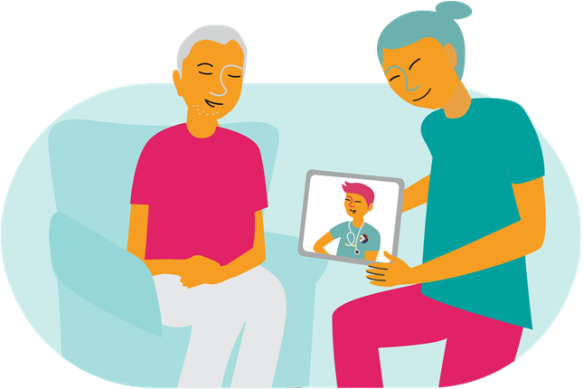 Illustration représentant un prestataire de soins agenouillé qui montre une tablette à une personne assise dans un fauteuil. La tablette est utilisée pour une consultation virtuelle avec un autre prestataire de soins de santé.