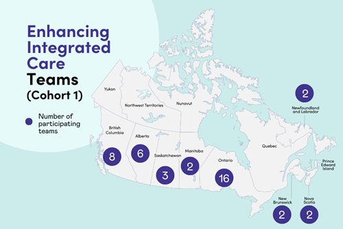 A map of Canada with purple circles showing invited Enhancing Integrated Care (Cohort 1) teams. Text: Enhancing Integrated Care Teams (Cohort 1). Number of participating teams.
