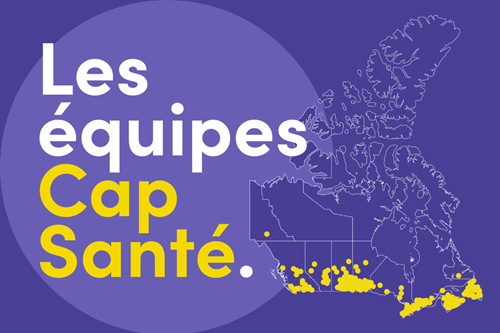 Carte du Canada situant à l'aide de cercles jaunes les équipes invitées à rejoindre Cap Santé.