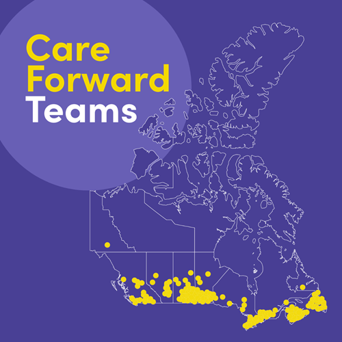 A map of Canada with yellow circles showing invited Care Forward teams.